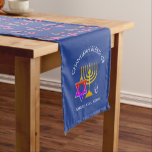 Baruch Atah Adonai CUSTOMIZABLE | Chanukah Short Table Runner<br><div class="desc">Elegant mid blue CHANUKAH Table Runner, showing with colourful Star of David in a tiled pattern. At both ends there is a design of a menorah, Star of David and dreidel plus CUSTOMIZABLE TEXT that says CHANUKAH BLESSINGS and BARUCH ATAH, ADONAI (Blessed are You, O Lord) which you can personalise...</div>