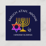 BARUCH ATAH ADONAI | Hanukkah Blessing Prayer Square Business Card<br><div class="desc">Stylish, elegant Prayer Card for your HANUKKAH season. Design shows a gold coloured MENORAH with multicolored STAR OF DAVID and silver grey DREIDEL. At the top there is curved text which says BARUCH ATAH, ADONAI (Blessed are You, O God) and underneath the text reads HANUKKAH BLESSINGS. On the reverse, the...</div>