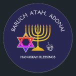 BARUCH ATAH ADONAI | Hanukkah Blessings Classic Round Sticker<br><div class="desc">Stylish, modern HANUKKAH stickers. Design shows a gold coloured MENORAH with multicolored STAR OF DAVID and silver grey DREIDEL. At the top there is curved text which says BARUCH ATAH, ADONAI (Blessed are You, O God) and underneath the text reads HANUKKAH BLESSINGS. ALL TEXT IS CUSTOMIZABLE, so you can personalise...</div>