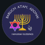 BARUCH ATAH ADONAI | Hanukkah Blessings Classic Round Sticker<br><div class="desc">Stylish, modern HANUKKAH stickers. Design shows a gold coloured MENORAH with multicolored STAR OF DAVID and silver grey DREIDEL. At the top there is curved text which says BARUCH ATAH, ADONAI (Blessed are You, O God) and underneath the text reads HANUKKAH BLESSINGS. ALL TEXT IS CUSTOMIZABLE, so you can personalise...</div>
