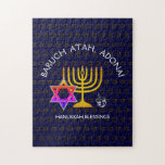 BARUCH ATAH ADONAI | Hanukkah Blessings Jigsaw Puzzle<br><div class="desc">Stylish, elegant HANUKKAH BLESSINGS Jigsaw Puzzle. Design shows a gold coloured MENORAH with multicolored STAR OF DAVID and silver grey DREIDEL. At the top there is curved text which says BARUCH ATAH, ADONAI (Blessed are You, O God) and underneath the text reads HANUKKAH BLESSINGS. ALL TEXT IS CUSTOMIZABLE, so you...</div>