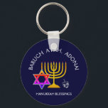 BARUCH ATAH ADONAI | Hanukkah Blessings Key Ring<br><div class="desc">Stylish, elegant HANUKKAH BLESSING Keychain. Design shows a gold coloured MENORAH with multicolored STAR OF DAVID and silver grey DREIDEL. At the top there is curved text which says BARUCH ATAH, ADONAI (Blessed are You, O God) and underneath the text reads HANUKKAH BLESSINGS. ALL TEXT IS CUSTOMIZABLE, so you can...</div>