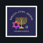 BARUCH ATAH ADONAI | Hanukkah Blessings Paper Napkin<br><div class="desc">Stylish, elegant HANUKKAH BLESSINGS Paper Napkins. Design shows a gold coloured MENORAH with multicolored STAR OF DAVID and silver grey DREIDEL. At the top there is curved text which says BARUCH ATAH, ADONAI (Blessed are You, O God) and underneath the text reads HANUKKAH BLESSINGS. ALL TEXT IS CUSTOMIZABLE, so you...</div>
