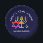 BARUCH ATAH ADONAI | Hanukkah Blessings Paper Plate<br><div class="desc">Stylish, elegant HANUKKAH BLESSINGS Paper Plates. Design shows a gold coloured MENORAH with multicolored STAR OF DAVID and silver grey DREIDEL. At the top there is curved text which says BARUCH ATAH, ADONAI (Blessed are You, O God) and underneath the text reads HANUKKAH BLESSINGS. ALL TEXT IS CUSTOMIZABLE, so you...</div>