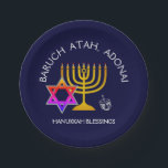 BARUCH ATAH ADONAI | Hanukkah Blessings Paper Plate<br><div class="desc">Stylish, elegant HANUKKAH BLESSINGS Paper Plates. Design shows a gold coloured MENORAH with multicolored STAR OF DAVID and silver grey DREIDEL. At the top there is curved text which says BARUCH ATAH, ADONAI (Blessed are You, O God) and underneath the text reads HANUKKAH BLESSINGS. ALL TEXT IS CUSTOMIZABLE, so you...</div>