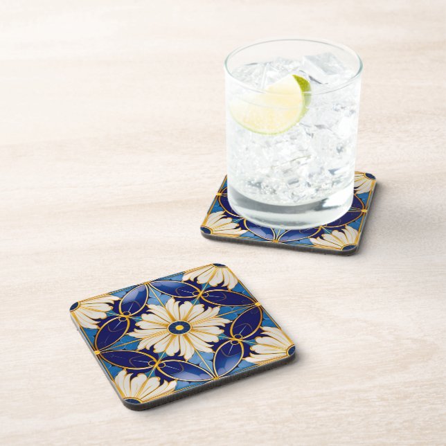 Barware Dining Art Deco Deep Blue Gold Floral Coaster (Right Side)