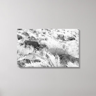 Basalt Lava Rocks in Desert, Black and White Photo Canvas Print