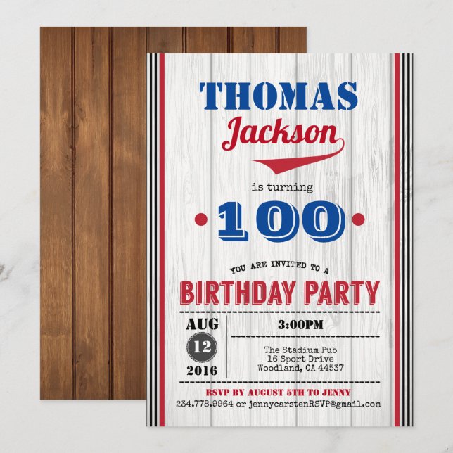 Baseball 100th birthday invitation. Rustic wood Invitation (Front/Back)