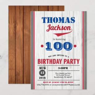 Baseball 100th birthday invitation. Rustic wood Invitation