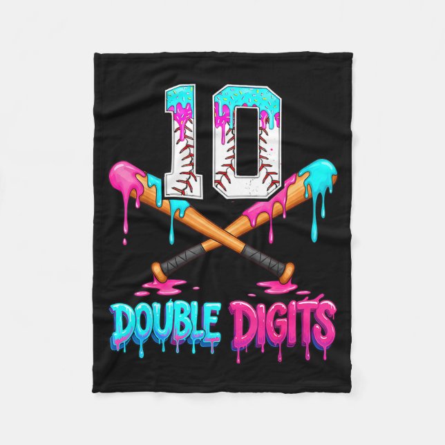 Baseball 10 Year Old Ice Cream Drip 10th Bday Doub Fleece Blanket (Front)