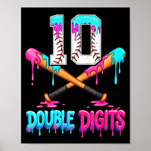 Baseball 10 Year Old Ice Cream Drip 10th Bday Doub Poster (Front)