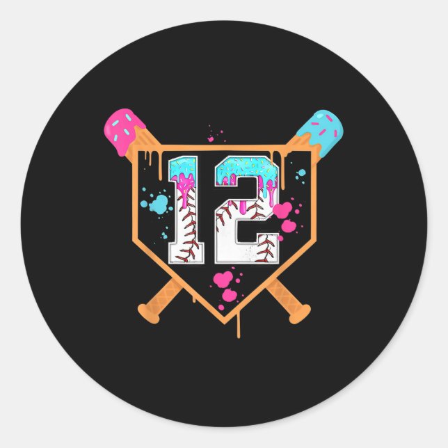 Baseball 12th Birthday Boy Ice Cream Drip 12 Year  Classic Round Sticker (Front)
