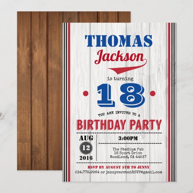 Baseball 18th birthday invitation. Rustic wood Invitation (Front/Back)