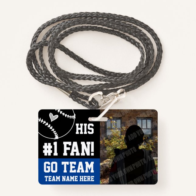Baseball #1 Fan Team Name and Player Blue ID Badge (Front with Lanyard)