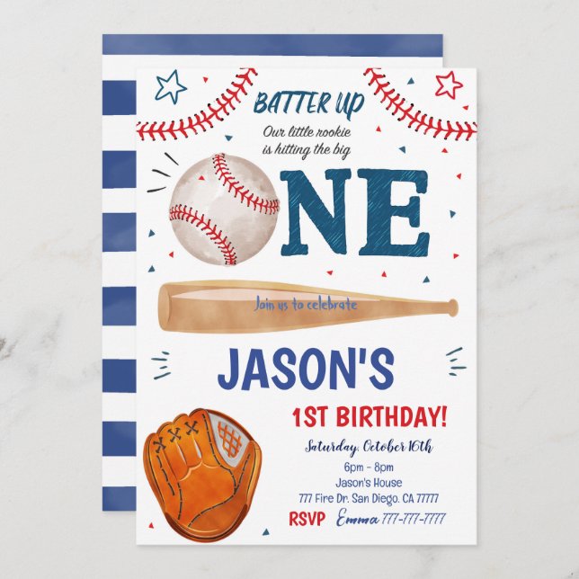 Baseball 1ST Birthday Invitation  (Front/Back)