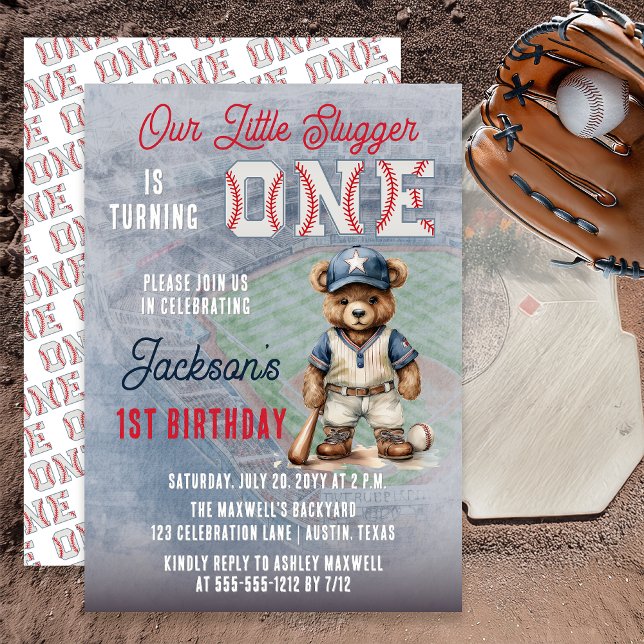 Baseball 1st Birthday Teddy Bear Little Slugger  Invitation (Baseball 1st Birthday Teddy Bear Little Slugger Invitation - Print | Digital Download)