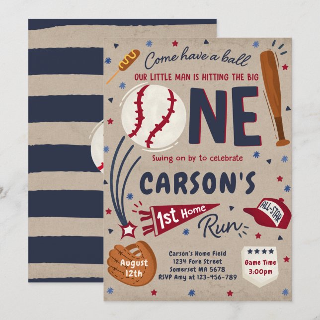 Baseball 1st Home Run Birthday Party Invitation (Front/Back)