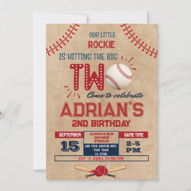 Baseball 2nd birthday boy invitation (Front)