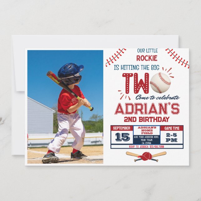 Baseball 2nd birthday boy photo invitation (Front)