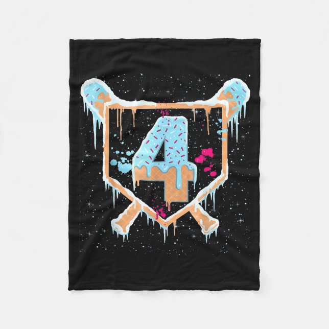 Baseball 4 Year Old Ice Cream Drip 4th Birthday Bo Fleece Blanket (Front)