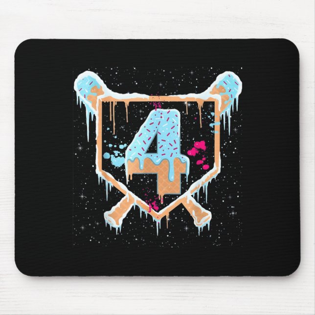 Baseball 4 Year Old Ice Cream Drip 4th Birthday Bo Mouse Mat (Front)