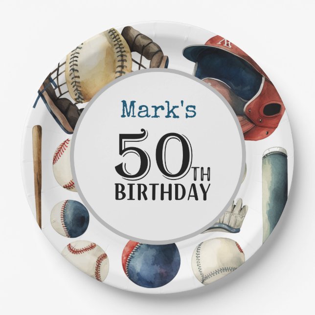 Baseball 50th Birthday Party  Paper Plate (Front)