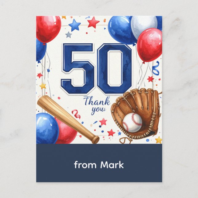 Baseball 50th Birthday Thank you  Postcard (Front)