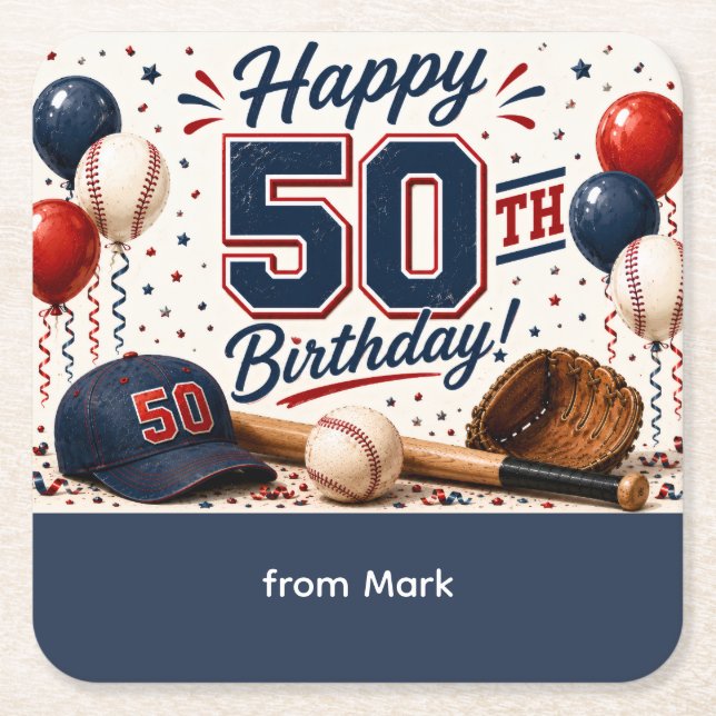 Baseball 50th Birthday Thank you  Square Paper Coaster (Front)
