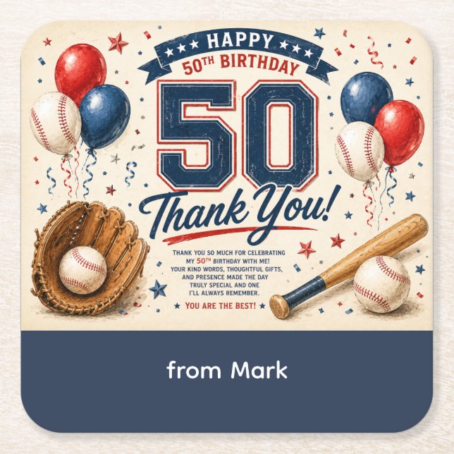 Baseball 50th Birthday Thank you  Square Paper Coaster (Front)