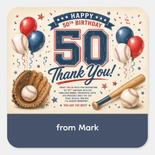 Baseball 50th Birthday Thank you Square Sticker