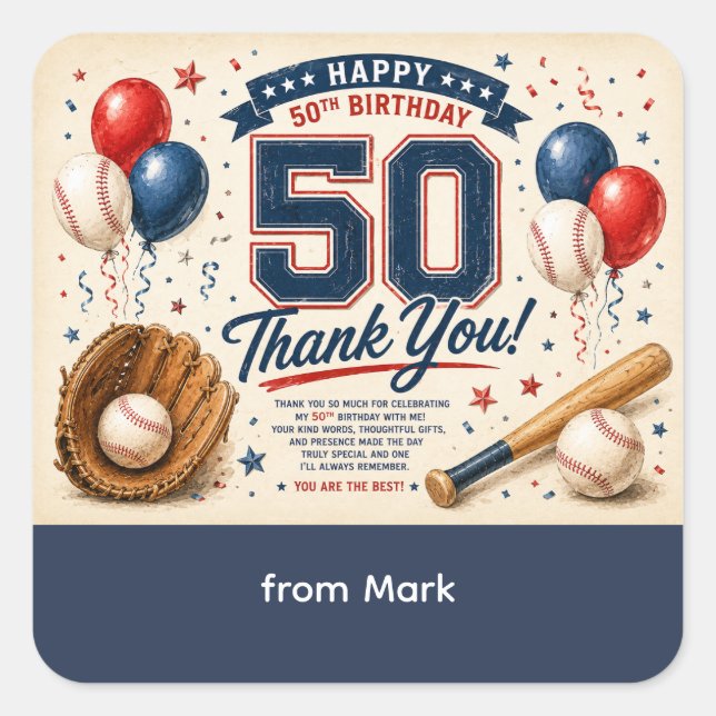 Baseball 50th Birthday Thank you  Square Sticker (Front)