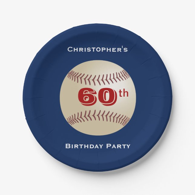 Baseball, 60th Birthday Party, Name, Blue Paper Plate (Front)