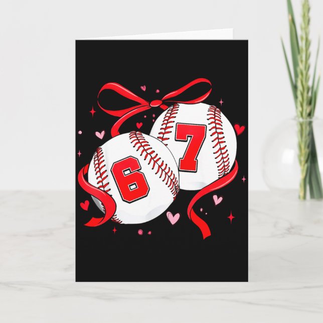 Baseball 67 Six Seven Meme Coquette Bow Valentines Card (Front)