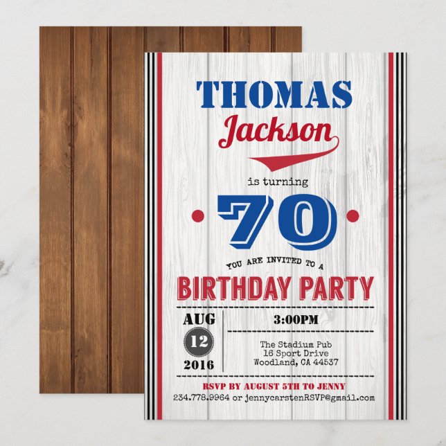 Baseball 70th birthday invitation. Rustic wood Invitation (Front/Back)
