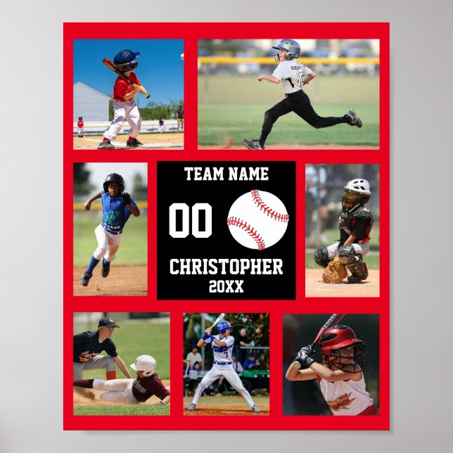 Baseball 7 Photo collage Red team name Poster (Front)
