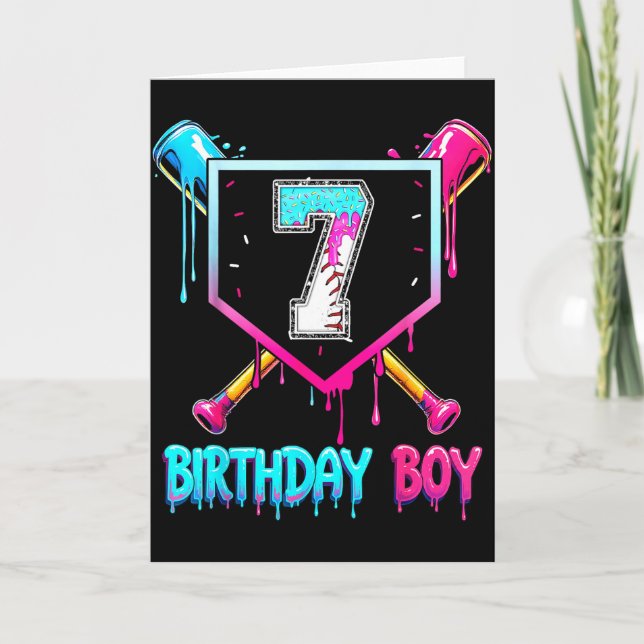 Baseball 7 Year Old Bday Boy Ice Cream Drip 7th Bi Card (Front)