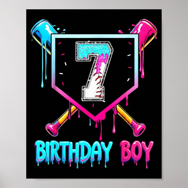 Baseball 7 Year Old Bday Boy Ice Cream Drip 7th Bi Poster (Front)