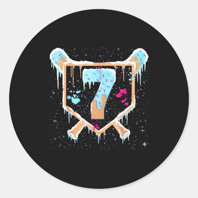 Baseball 7 Year Old Ice Cream Drip 7th Birthday Bo Classic Round Sticker (Front)