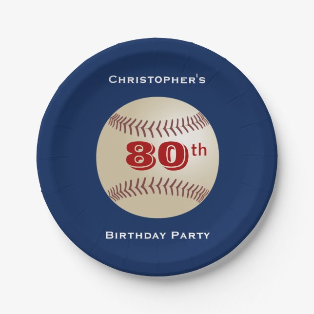 Baseball 80th Birthday Party Blue, Name, Paper Plate (Front)