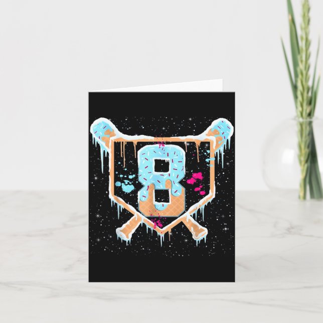 Baseball 8 Year Old Ice Cream Drip 8th Birthday Bo Card (Front)