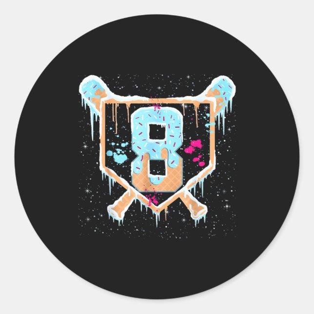 Baseball 8 Year Old Ice Cream Drip 8th Birthday Bo Classic Round Sticker (Front)