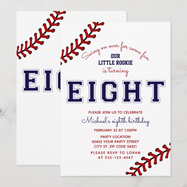 Baseball 8th Birthday Invitation (Front/Back)