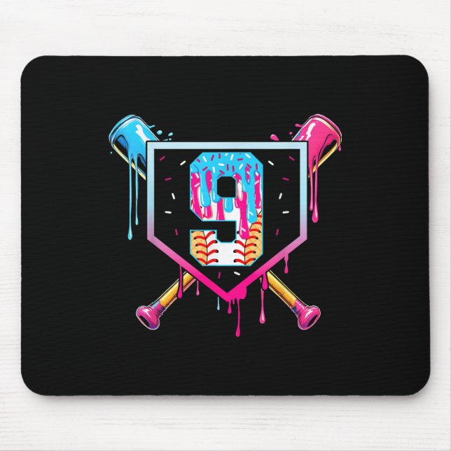 Baseball 9 Year Old Ice Cream Drip 9th Birthday Bo Mouse Mat (Front)