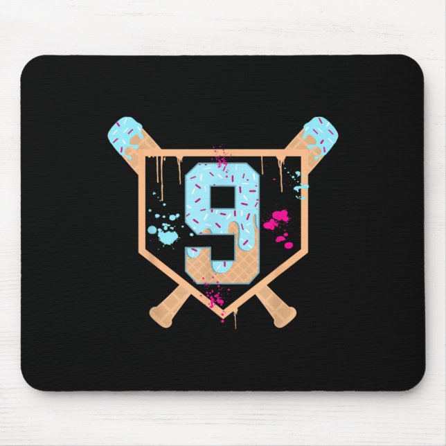 Baseball 9 Year Old Ice Cream Drip 9th Birthday Bo Mouse Mat (Front)