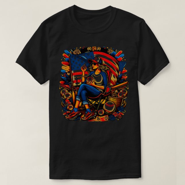 Baseball American Flag Cute Patriotic Colourful fo T-Shirt (Design Front)