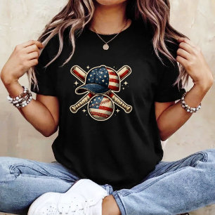 Baseball American Flag Lax Cap and Bat Sports 4th T-Shirt
