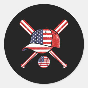 Baseball American Flag Lax Cap Bat Sports 4th of Classic Round Sticker