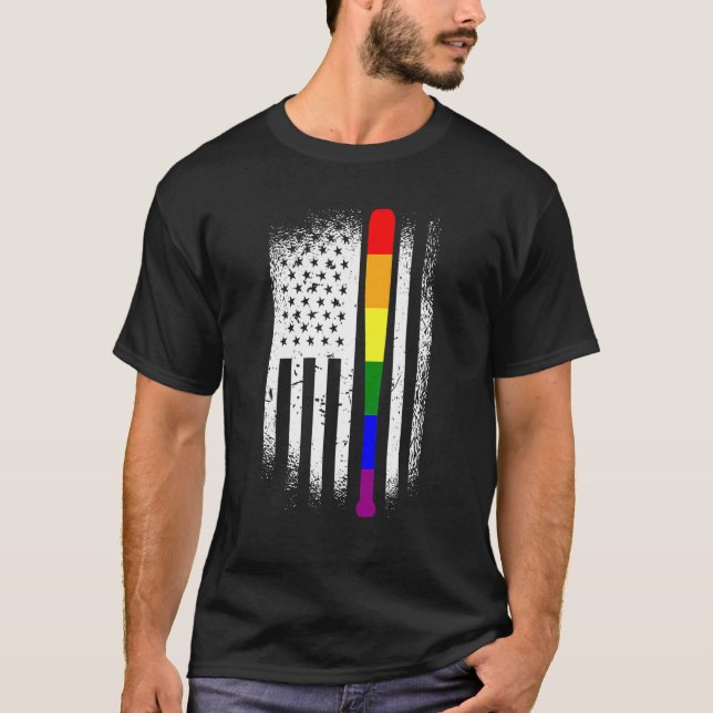 Baseball American Flag Lgbt Q Rainbow Gay Prid T-Shirt (Front)
