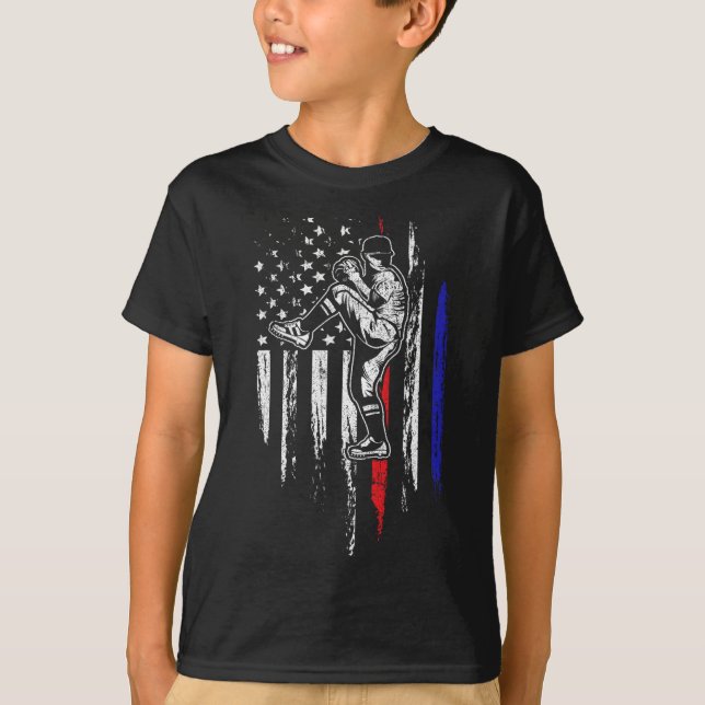 Baseball American Flag Pitcher Usa Pitching 4th Of T-Shirt (Front)