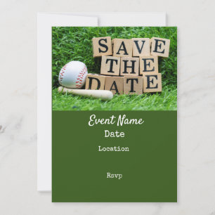 Baseball and bat are on green grass save the date
